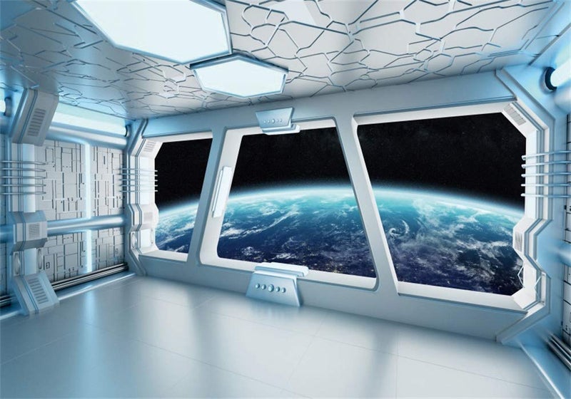 AOFOTO 10x7ft Spaceship Interior Backdrop Space Station Spacecraft Cabin Window View On Earth Background Futuristic Science Fiction Universe Outer Space Exploration Room Decors Photo Shoot Props - Image 1